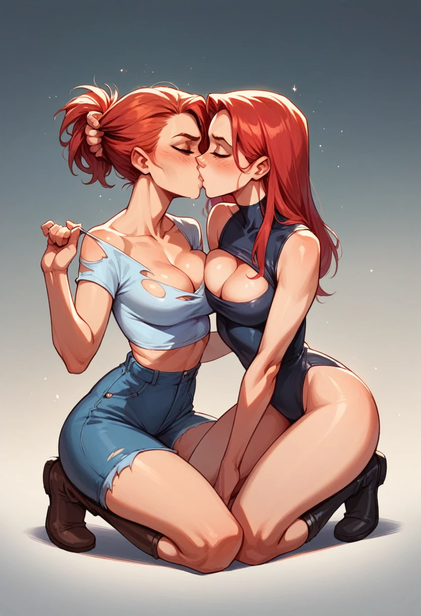 Two female cops, kissing, lewd, cleavage, ample chest, hips, red hair, hair pulled, submissive, torn clothes, on knees, butt