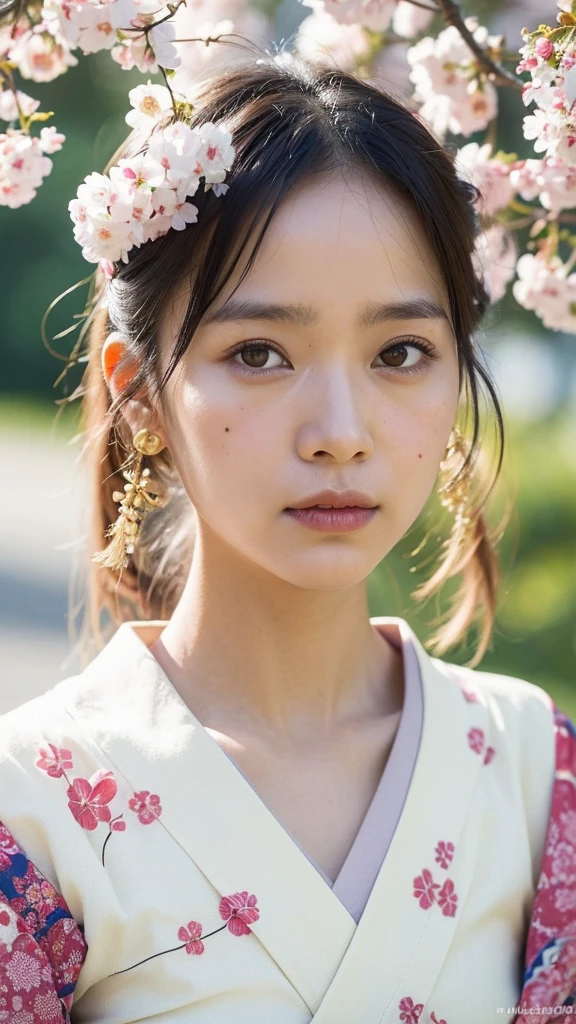 (Best Quality, Masterpiece: 1.2), Portrait, A Mixed-Race Woman, Wearing a Kimono, (Looks like [Japanese and Swede] face: 1.5), Takashi Homma Photography Style, Realistic Skin Tone, Detailed Skin Texture, Outdoors, Cherry Blossom Background.

This photograph is a masterpiece in the best quality, featuring a woman of mixed racial heritage. She is wearing a traditional Japanese kimono with intricate patterns, but her unique facial features hint at her Swedish heritage. The realistic representation of her skin tone and texture is captivating, making it a detailed and lifelike portray