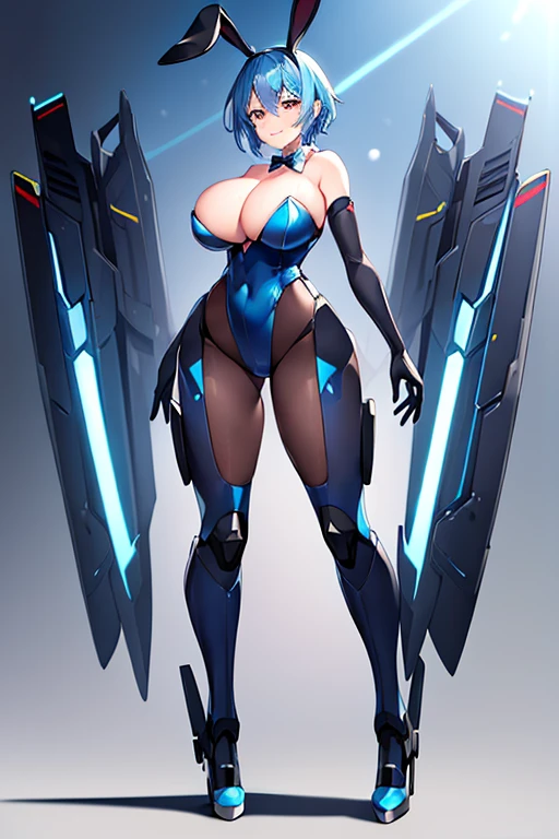 1girl, blue hair, large breasts, bunny ears, rabbit ears, wide hips, bodysuit, black bodysuit, short hair, very short hair, science-fiction, tech, futuristic, machinery, full body, ((full body)), smile, light smile, robot girl, drone, high heels,