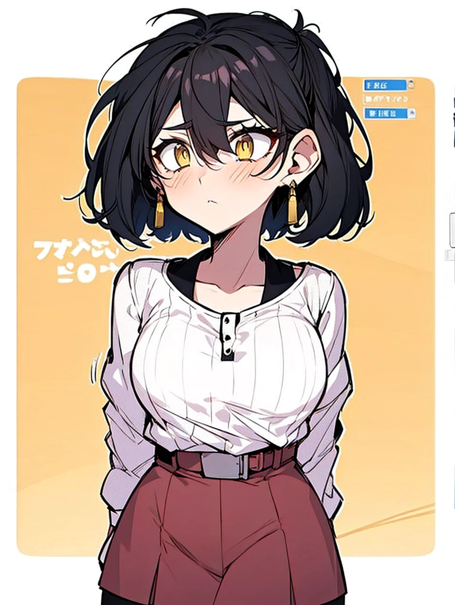 anime screenshot, 21 year old girl, shy, White shirt, wine colored skirt, black mid thigh stockings, voluptuous body, small waist, fair and flushed skin, yellow eyes, short black hair above the shoulders, 4 pompadour hairstyles and short hair on the sides. method, full body view
