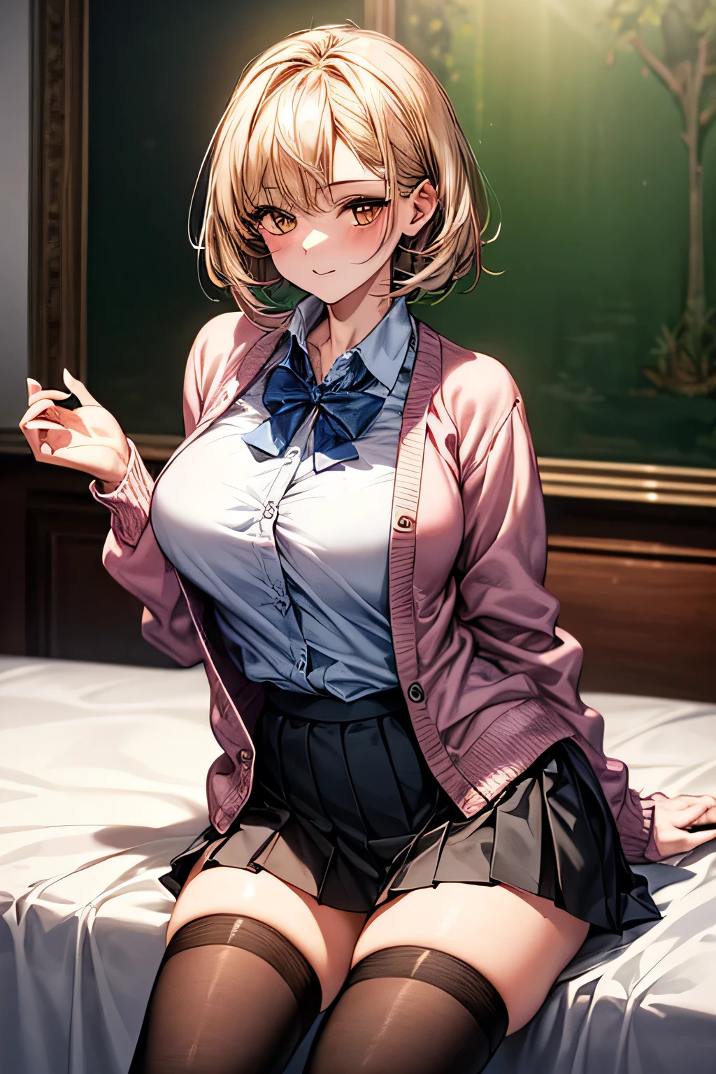 1 female, (Beautiful face with detailed shading), whole body, 40s, (Big Breasts), Beaver, Brown eyes, (Pink Cardigan), Open cardigan, White Camisole Blouse, (Yellow pleated skirt), White knee-highs, On the bed, (Tabletop)), ((Highest quality)), (Super detailed), ((Fascinating)), ((Very detailed)), 4K, (8K), Highest quality, (beautiful),(((World Class Quality))), Very detailed, High resolution,