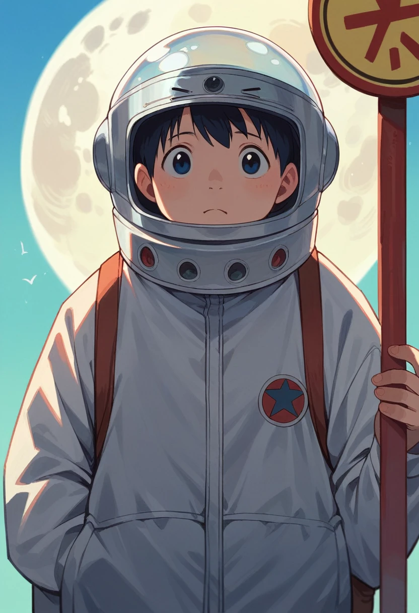 Cute spaceman waiting at moon bus stop, Hayao Miyazaki style, Studio Ghibli style
