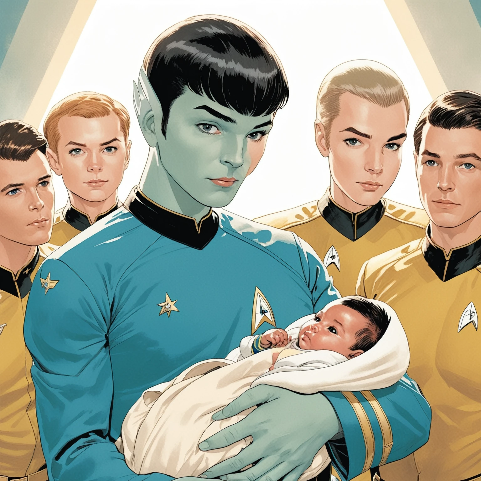 arafed image of a group of young men holding a baby, textless, by Chip Zdarsky, phil noto comicbook cover art, star trek, by Chris Moore, phil noto comic art, by John La Gatta, from star trek 2021, by Greg Staples, jen bartel, phil noto, by Bob Singer