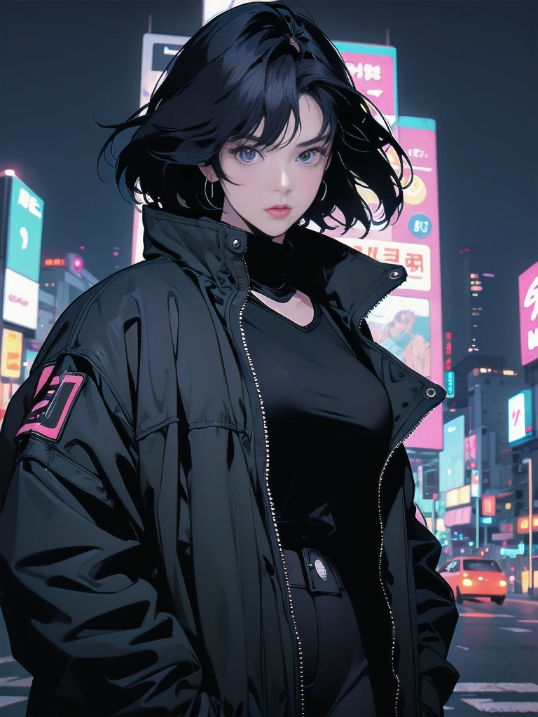 Night city background、neon、Absurd, Highest quality, One girl, alone, View your viewers, Eye focus, motoko_Kusanagi, Black Jacket
