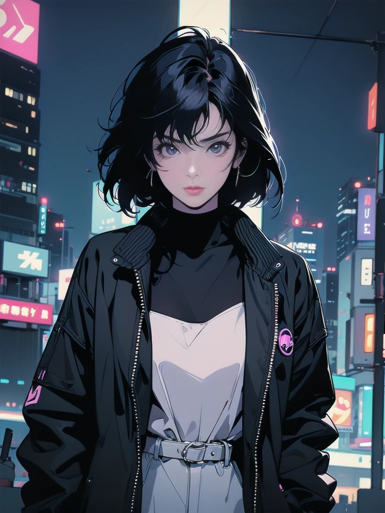 Night city background、neon、Absurd, Highest quality, One girl, alone, View your viewers, Eye focus, motoko_Kusanagi, Black Jacket