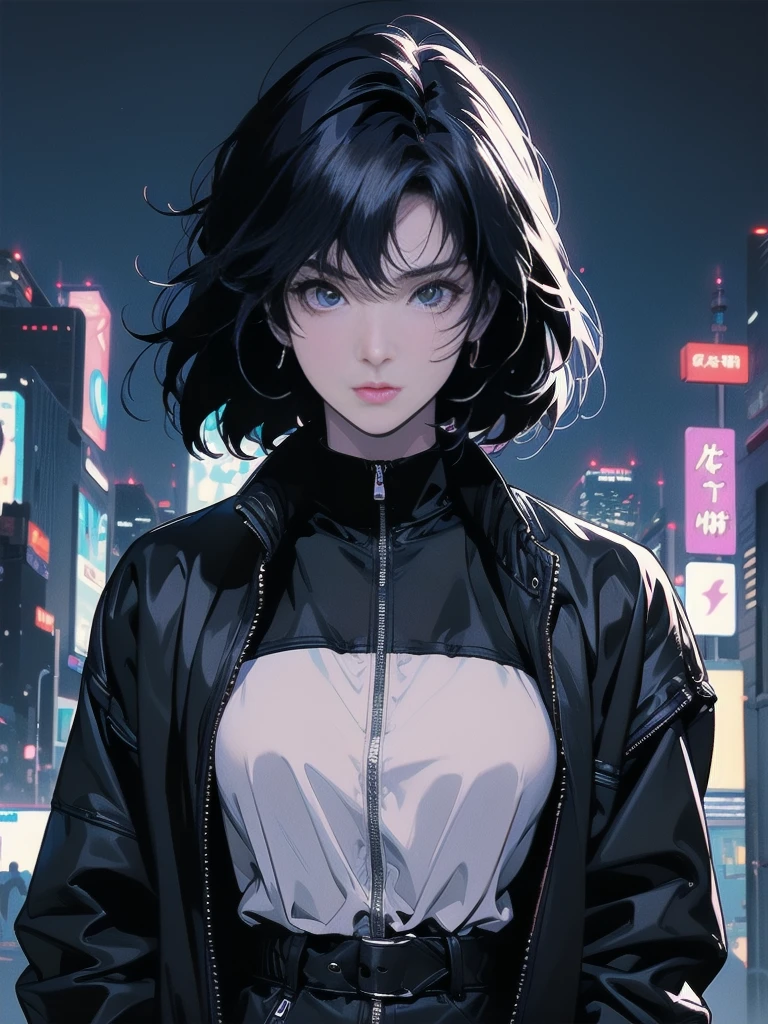Night city background、neon、Absurd, Highest quality, One girl, alone, View your viewers, Eye focus, motoko_Kusanagi, Black Jacket