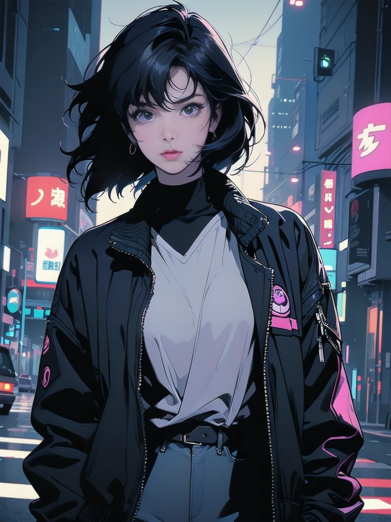Night city background、neon、Absurd, Highest quality, One girl, alone, View your viewers, Eye focus, motoko_Kusanagi, Black Jacket