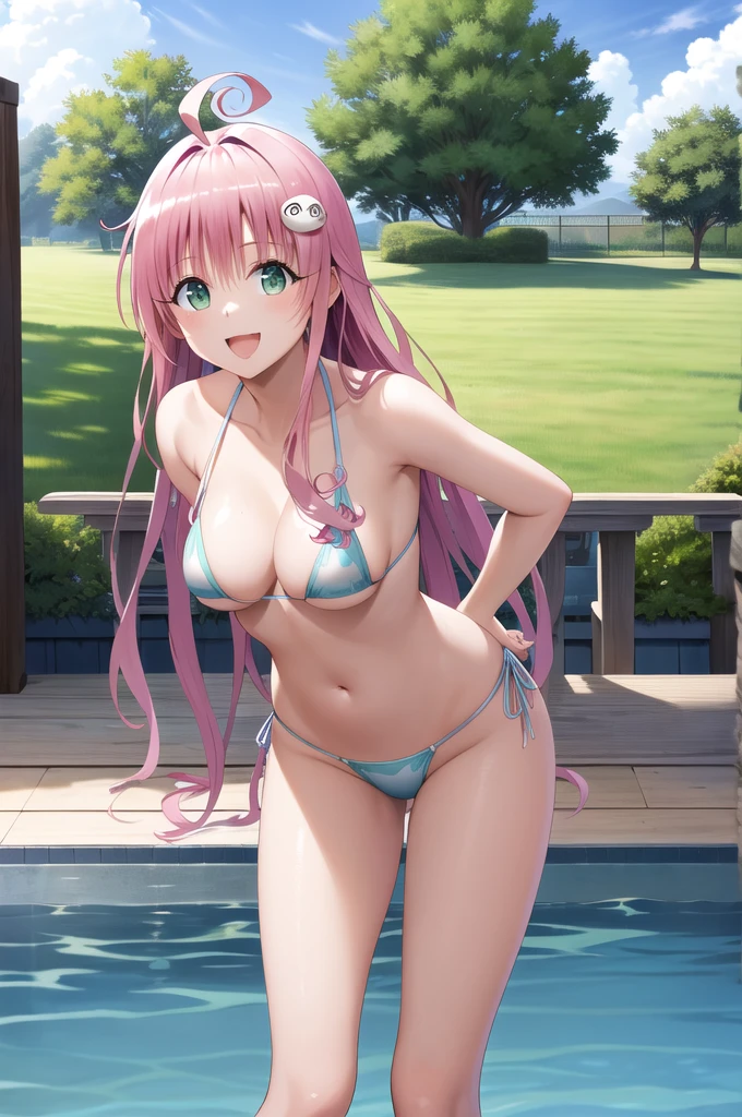 masterpiece、Highest quality、High resolution、Looking up、Long Hair、Ahoge、hair ornaments、Green Eyes、Large Breasts、valley、Put your arms behind your back、Leaning forward、Are standing、Outdoor、smile、Open your mouth、Micro Bikini、、Leg spread、Pool