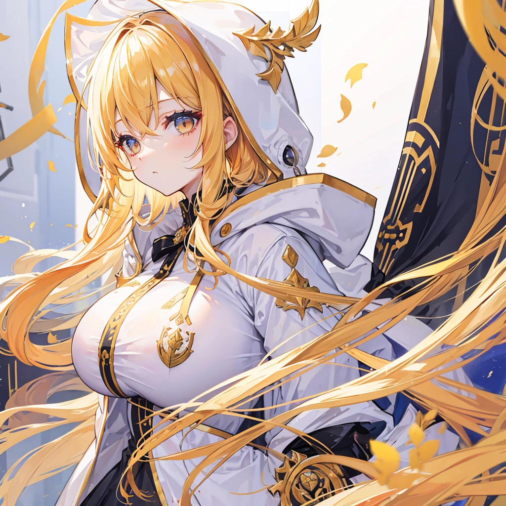 Golden hair, long hair, golden eyes,Cute face, G_CUP(HUGE_BREASTS), white hood  