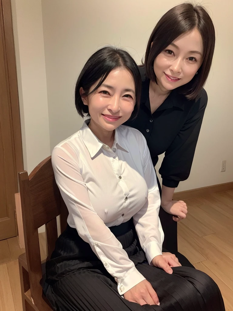 Highest quality、masterpiece、8K、Very detailed、Realistic、(One woman)、(Looking at me with a smile:1.5)、(50 years old:1.5)、(Wrinkles around the eyes:1.2)、(Wrinkles around the mouth:1.5)、whole body、Black Hair、Small face、(Slender:1.2)、(Big Breasts)、(Erect nipples:1.2)、 short-sleeved, tight-fitting black shirt with buttons and a collar:1.2)、(Long skirt:1.2)、Sit in a chair and lean forward