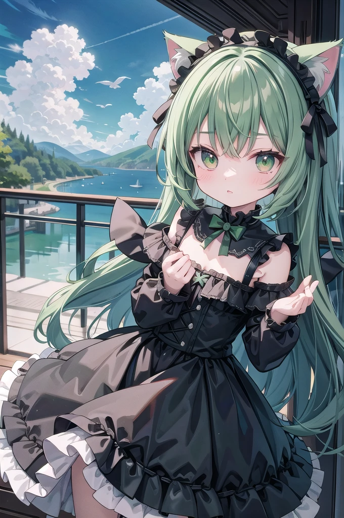 Super Deformed green hair Cat ears Curly hair Gothic Lolita