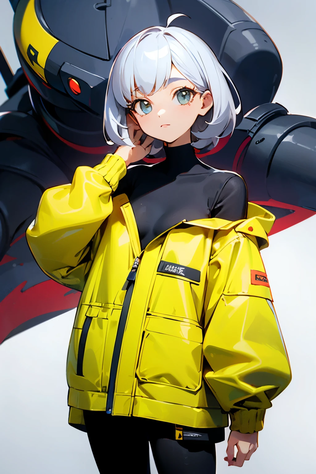 ((best quality)), ((masterpiece)), (detailed), 1girl, off-shoulder jacket, techwear, black yellow and white clothing, oversized jacket, anime style, front facing pose, shoulders bare