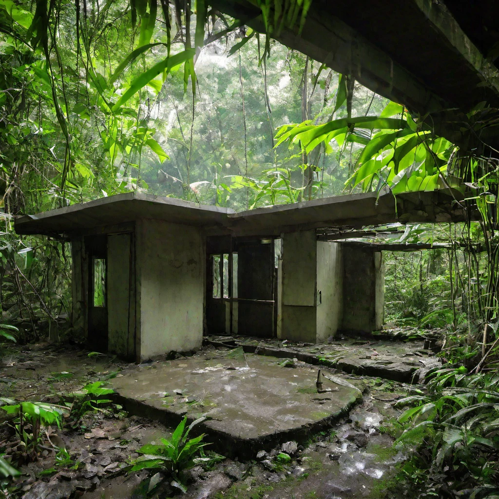(masterpiece, best quality:1.2),abandoned post-apocalypse shelter in the jungle
