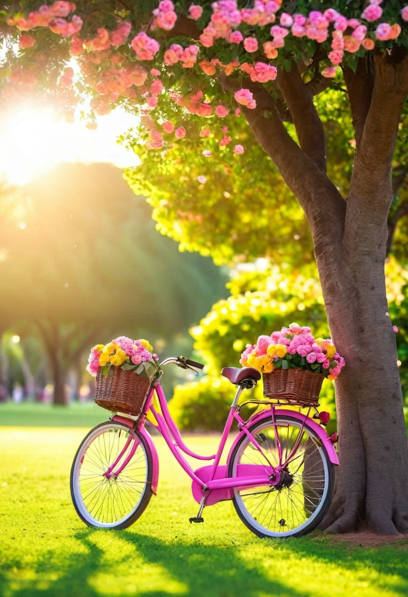 Uma bicicleta rosa com uma cestinha de flores amarelas, In the shade of a garde tree in the park, dia de sol, brazi, Obra-prima, melhor qualidade, (papel de parede 8k de unidade CG muito detalhado) (melhor qualidade), (best illustration), (melhores sombras)