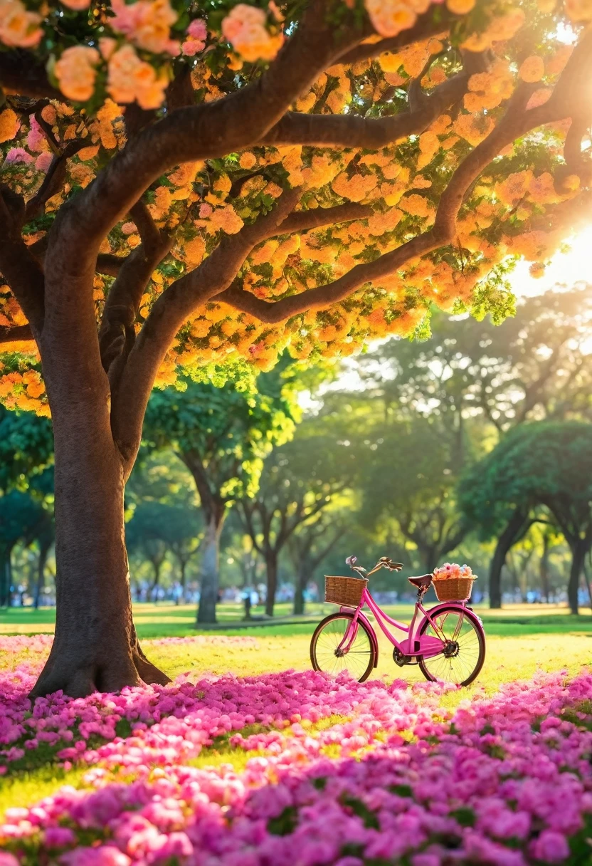 Uma bicicleta rosa com uma cestinha de flores amarelas, In the shade of a garde tree in the park, dia de sol, brazi, Obra-prima, melhor qualidade, (papel de parede 8k de unidade CG muito detalhado) (melhor qualidade), (best illustration), (melhores sombras)