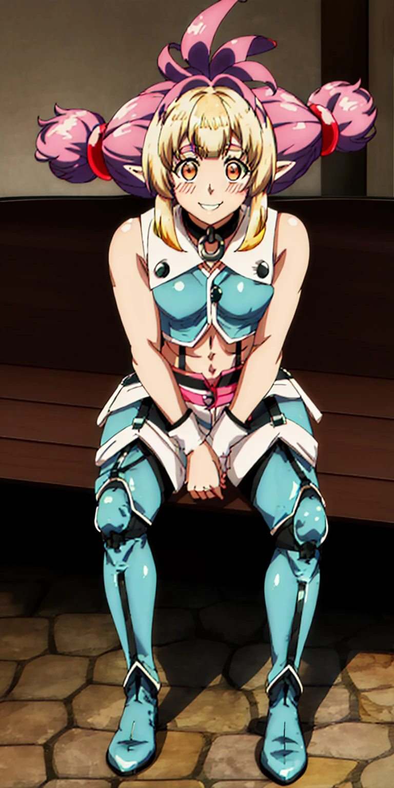 full body sitting on a bench showing ass to me, BLUE breastplate, BLUE skin (1girl)(BLUE skin:1.2), looking at viewer, shiny, armor, thigh highs, high boots, pauldrons shoulder armor, faulds, poleyn, gloves, gauntlets, rerebrace armored boots, (masterpiece, best quality, ultra-detailed, best shadow) yordle pointy ears muscular lean platinum blonde long twin-tails hairstyle at the office lustful smirking smile face red blushed, blush, strong abs, female body builder, tiara, twin drills hair