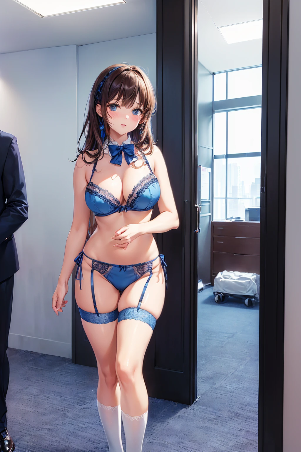 ((一人のWoman in underwearはセクシーにOffice corridorを歩いている:1.8), Beautiful Anime Women, Beautiful art style, Anime characters, ((Smooth texture, Realistic texture, Anime CG Style)), ((Highest quality)), (Very detailed), (Very detailed CG 統合 8k 壁紙), Very detailed, High-resolution RAW color photos, Professional photography, (Brown Hair, Stylish hairstyle:1.1), Great face and eyes, Beautiful and big breasts, Slender body, (Stunningly beautiful woman), (Detailed face:1.2), (Office corridor, There is a window in the hallway:1.4), (Many men in suits are walking in the background:1.5), ((Bow tie around neck:1.3), (Black high heels:1.1), (Sexy and cute blue underwear:1.3), (Stylish shiny blue satin panties, Side-tie panties, Panties with plain blue center and lace decoration on the sides:1.3), (Thin panties:1.3), (Blue micro lace satin bra, Blue bra with lace trim, Thin bra:1.3), (lace garter belt, Garter Strings, Knee socks:1.3):1.3), (naked, Woman in underwear, 女性はブラとパンティとKnee socksとガーターベルトだけを着用:1.5), Exact number of arms, Exact number of legs, Perfect Anatomy, (Embarrassed expression, Surprised expression), Angle from the front, Exact finger count、Exact number of legs、(Exact number of arms:1.0, Exact number of hands:1.0), (Perfect hands, Perfect Anatomy)