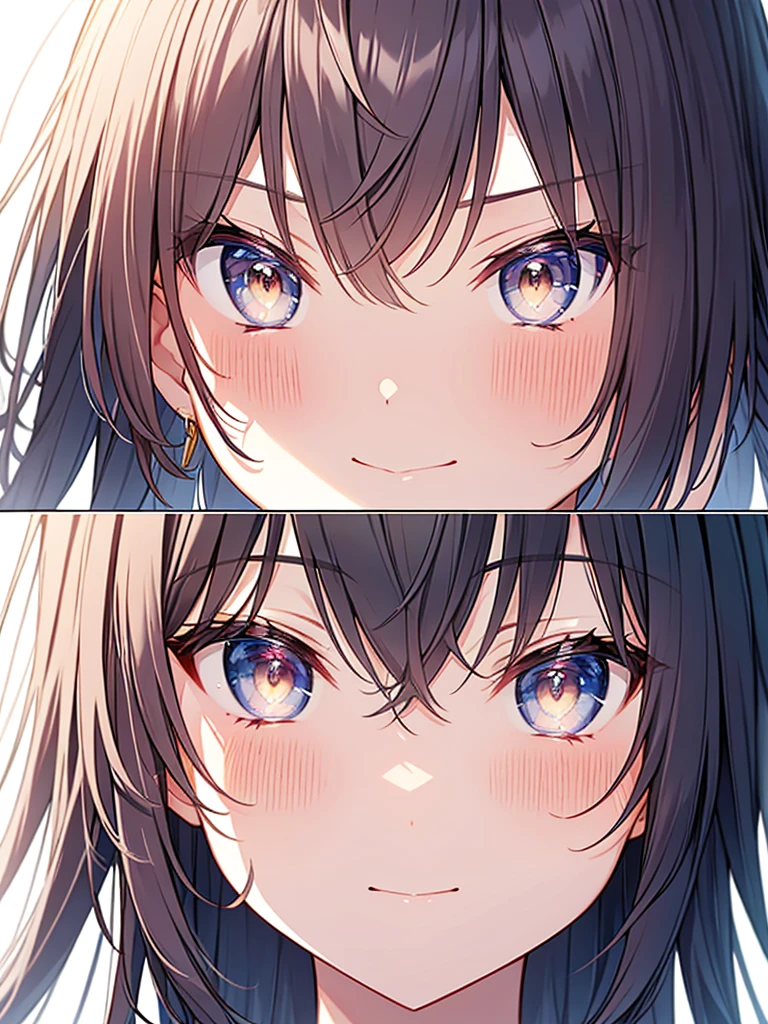 Close up on facial expression、I'm so happy:1.9. Lazy Smile:1.9,white collared sleeveless shirt、(Short black hair, ponytail, straight hair, swept-to-the-side bangs:1.9 Slanted eyes Brown eyes Tall Big breasts Strong Beautiful Cute)