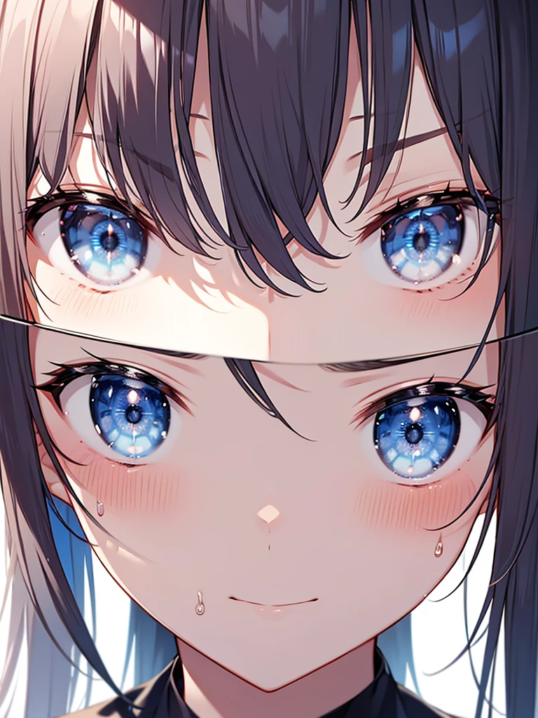 Close up on facial expression、I'm so happy:1.9. Lazy Smile:1.9,white collared sleeveless shirt、(Short black hair, ponytail, straight hair, swept-to-the-side bangs:1.9 Slanted eyes Brown eyes Tall Big breasts Strong Beautiful Cute)