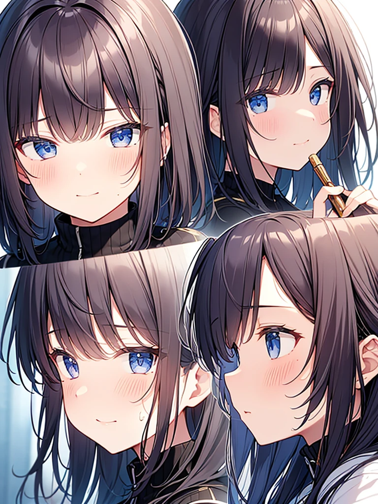 Side view、Close up on facial expression、I'm so happy:1.9. Lazy Smile:1.9,white collared sleeveless shirt、(Short black hair, ponytail, straight hair, swept-to-the-side bangs:1.9 Slanted eyes Brown eyes Tall Big breasts Strong Beautiful Cute)