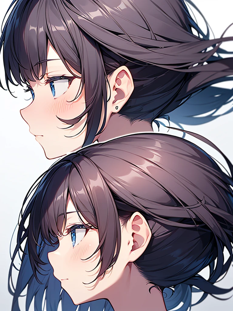 Side view、Close up on facial expression、I'm so happy:1.9. Lazy Smile:1.9,white collared sleeveless shirt、(Short black hair, ponytail, straight hair, swept-to-the-side bangs:1.9 Slanted eyes Brown eyes Tall ??????????? Strong Beautiful Cute) 