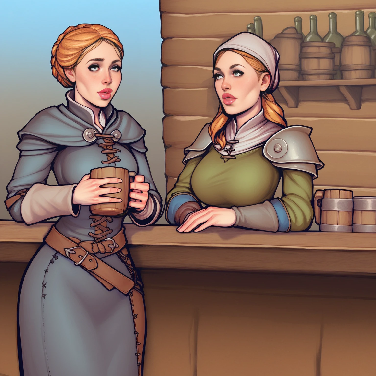 medieval fantasy, bar background, female innkeeper behind bar, holding a mug filled to the brim of ale