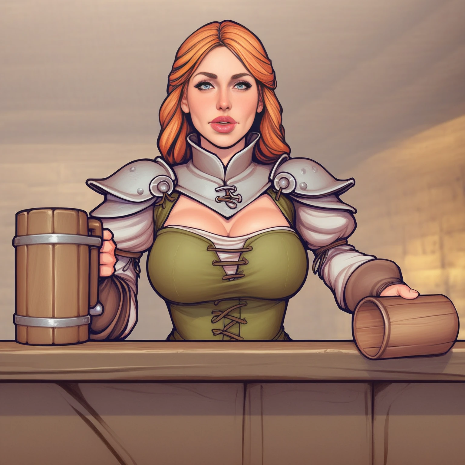 medieval fantasy, bar background, female innkeeper behind bar, holding a mug filled to the brim of ale