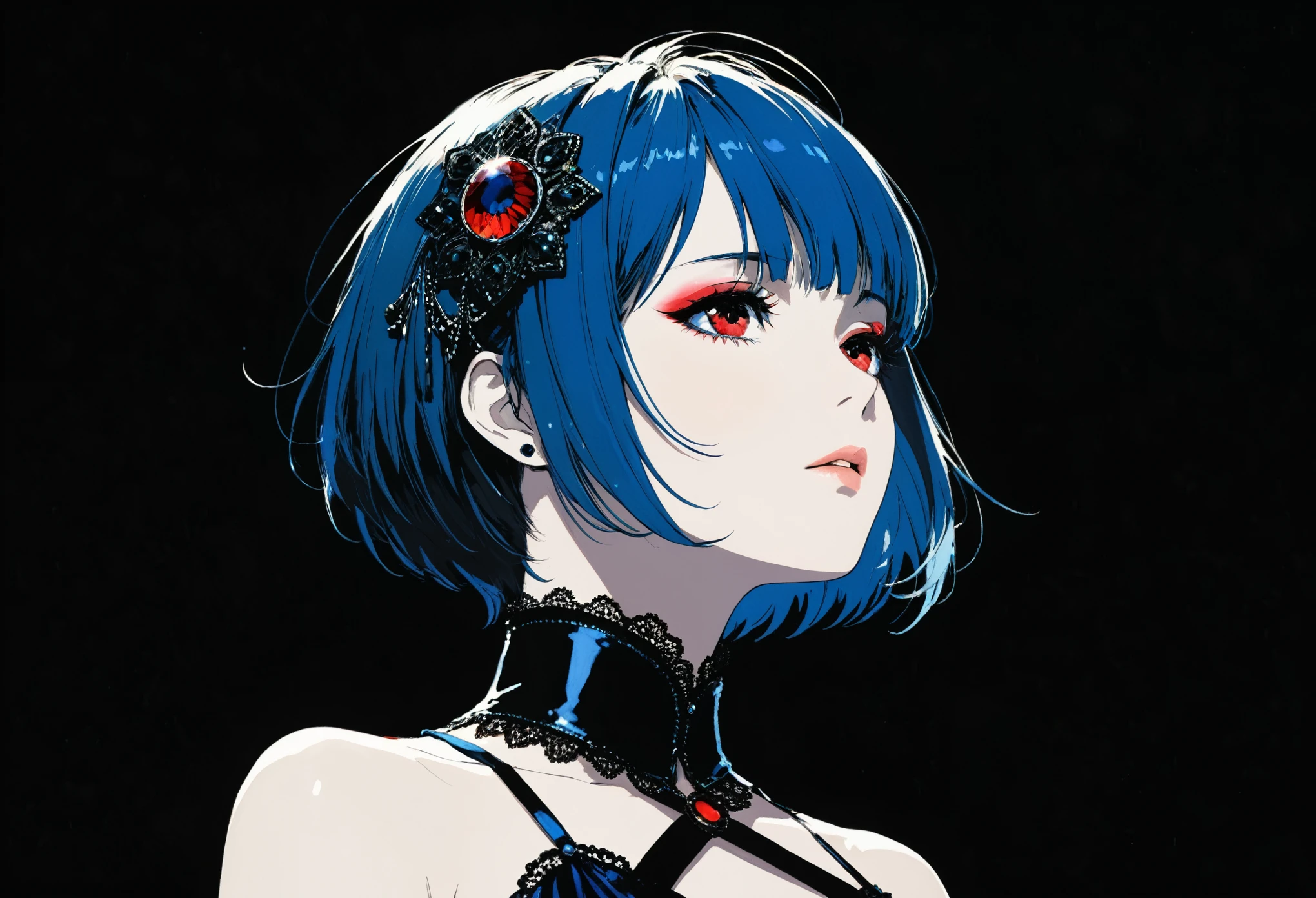 in style of Harry Clarke,(in style of Ashley Wood:1.1), 1 Girl,(90 degree tilt of neck,Face up:1.8), criss-cross_halter,Large area black background,Asymmetrical composition,The character is on one side,look at sky,short blue bobcut hair, shinny Red eyes, (From below:1.3),Divine top light,arrange hair,
