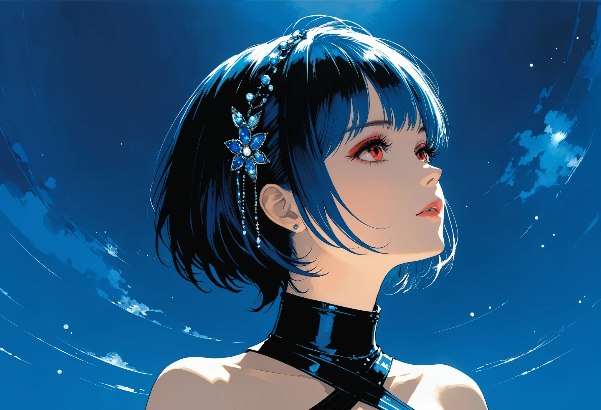 in style of Harry Clarke,(in style of Ashley Wood:1.1), 1 Girl,(90 degree tilt of neck,Face up:1.8), criss-cross_halter,Large blue background,Asymmetrical composition,The character is on one side,look at sky,short blue bobcut hair, shinny Red eyes, (From below:1.3),Divine top light,arrange hair,