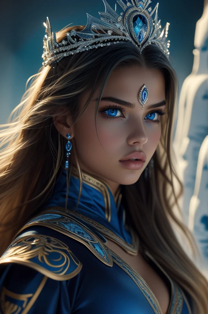 16 year old Adriana Lima, ultra detailed face, ultra detailed blue eyes, long blonde hair, (dress), tiara, winter, (((masterpiece)))