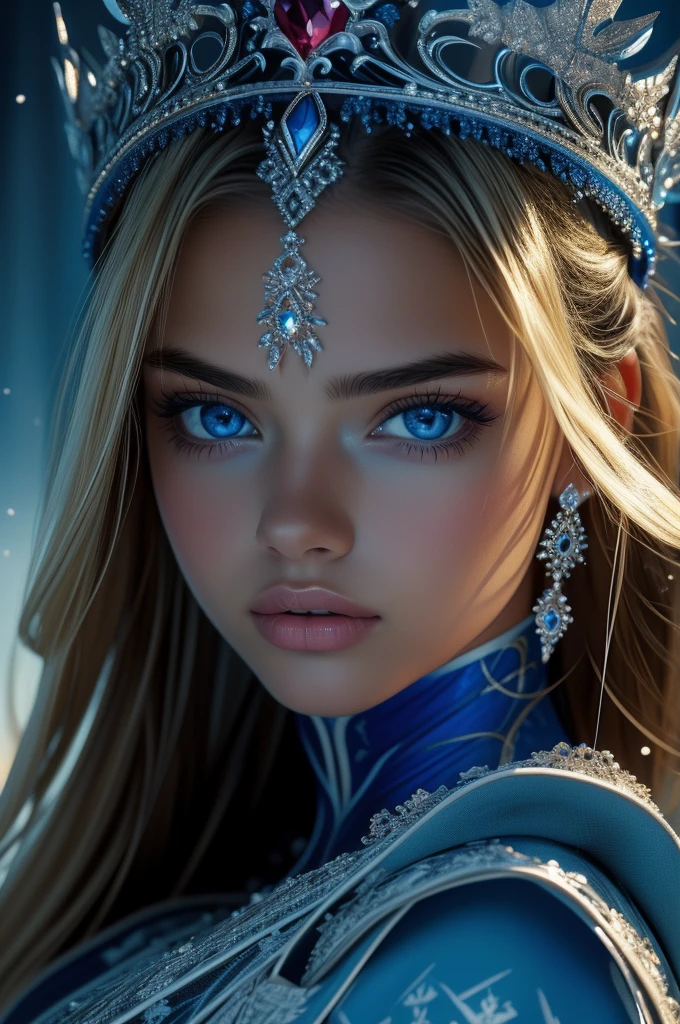 16 year old Adriana Lima, ultra detailed face, ultra detailed blue eyes, long blonde hair, (dress), tiara, winter, (((masterpiece)))