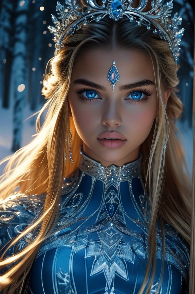 16 year old Adriana Lima, ultra detailed face, ultra detailed blue eyes, long blonde hair, (dress), tiara, winter, (((masterpiece)))