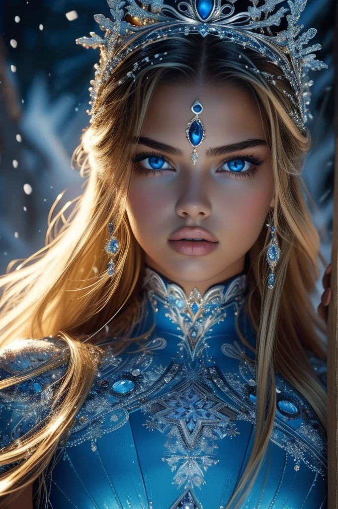 16 year old Adriana Lima, ultra detailed face, ultra detailed blue eyes, long blonde hair, (dress), tiara, winter, (((masterpiece)))