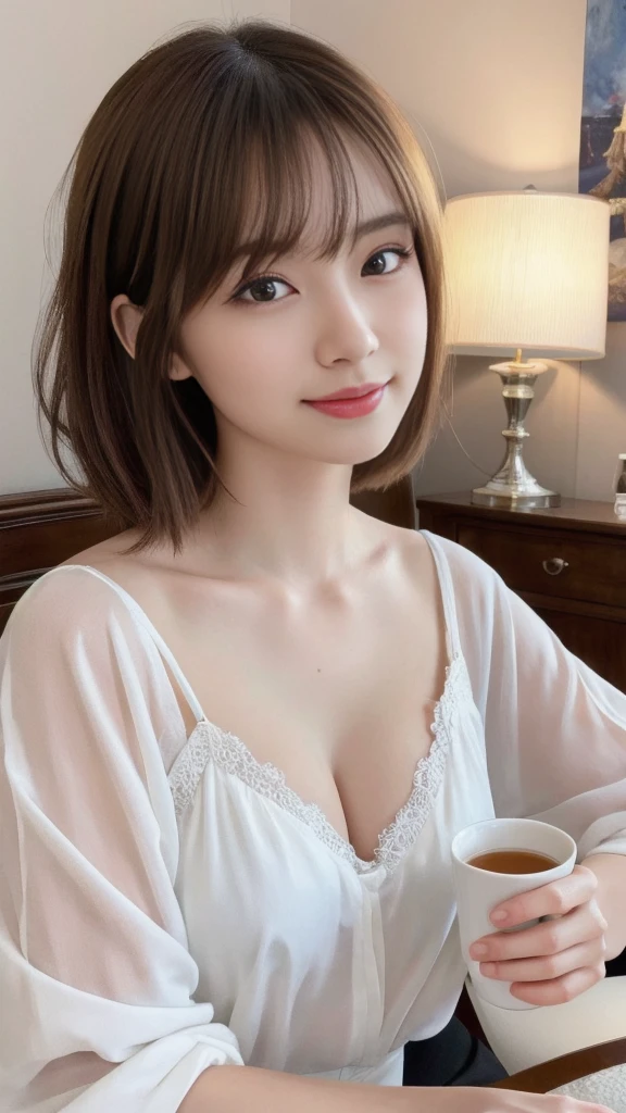 1 ultra young Cute japanese girl,short silver hair,porcelain white skin,slender figure,lacy camisole,sitting in Italian cafe,drinking black tea,beautiful detailed eyes,long eyelashes,charming dropped eyes,lovely smiling lips,extremely detailed face without makeup,(best quality,4k,8k,highres,masterpiece:1.2),ultra-detailed,(realistic,photorealistic,photo-realistic:1.37),HDR,UHD,studio lighting,ultra-fine painting,sharp focus,physically-based rendering,extreme detail description,professional,vivid colors,bokeh,portraits,soft pastel colors,natural lighting,cinematic composition