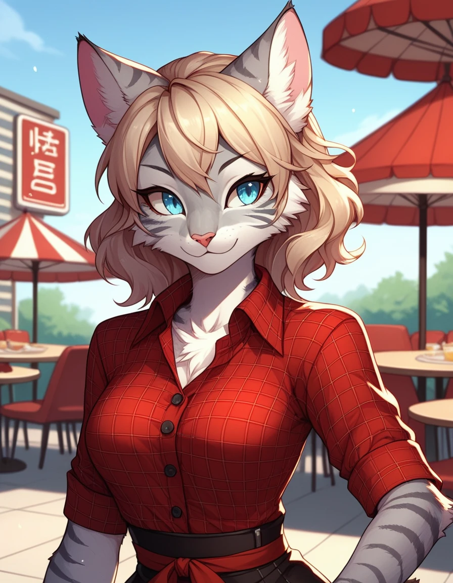 score_9,score_8_up,score_7_up, kemono style, Kat, Anthro furry feline, silver fur, grey stripes on body, blue eyes, short wavy blonde hair, red bandana tied to head, pink nose, :3, upper body shot, portrait, wearing red plaid tied collared shirt, black waist shorts with buttons, outdoors, standing in front of a 1940s diner, on hand one waist, 