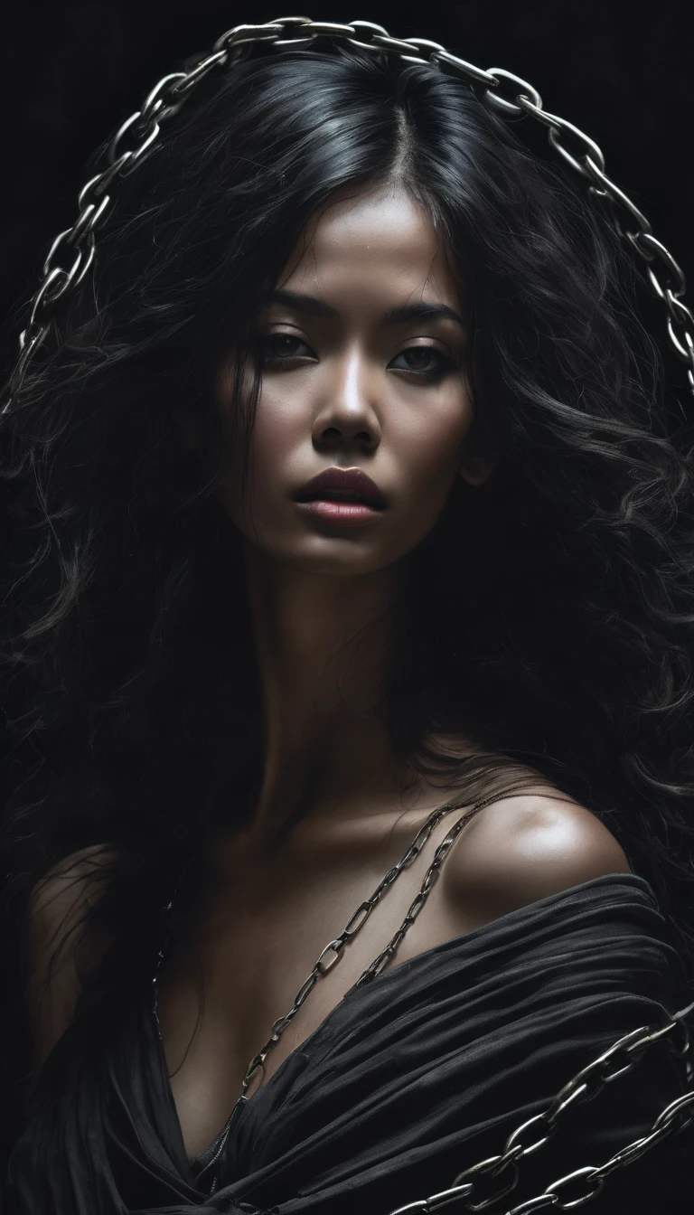 hyper realistic photography.Create an image of a woman figure shrouded in a swirling black hair, and chain, tattered and torn, with a dark and ethereal form that gives the impression of a mysterious and otherworldly presence. The figure should be central in the composition, with the surrounding forms suggesting movement and an almost ghostly quality. background of dark dirty back alley in Kuala Lumpur city in night