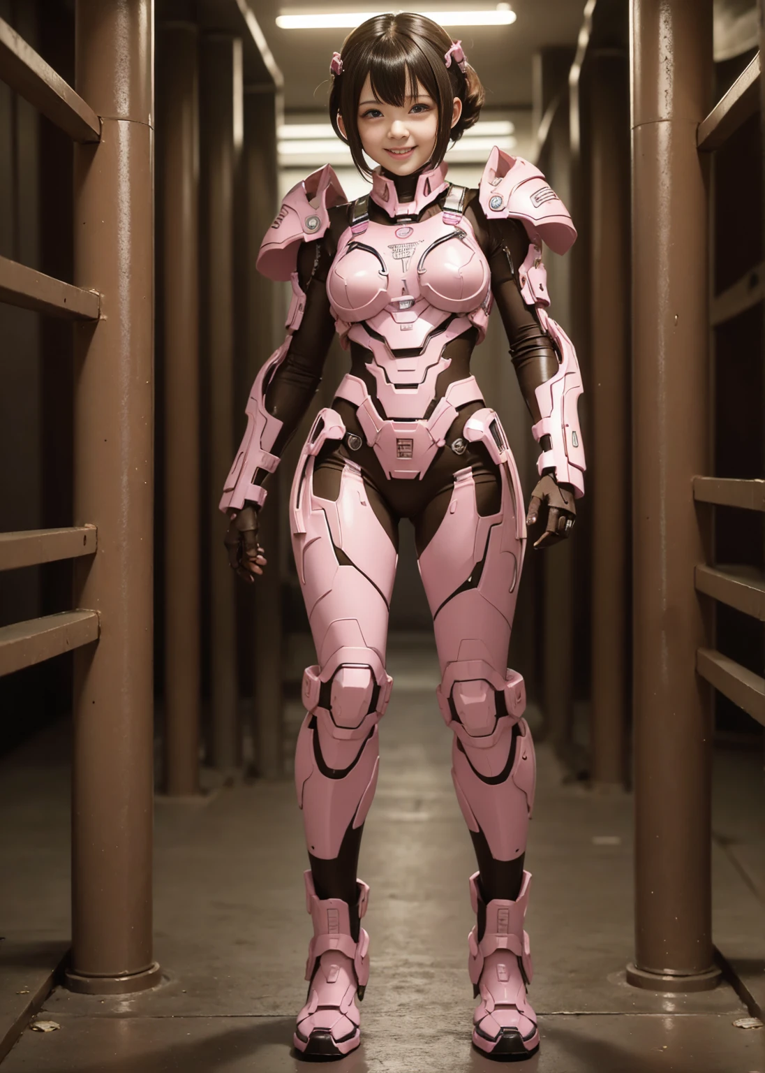 Textured skin, Very detailed, Attention to detail, high quality, 最high quality, High resolution, 1080P, hard disk, beautiful,(Terminator),beautifulサイボーグ女性,pink mecha cyborg girl,Battle Mode,Girl with a mechanical body,She is wearing a weaponized combat cyborg mech,Full Body Shot　bare hands　Boyish short hair　Berry Short　Brown eyes　Black Hair　Kindergarten girl　Steam coming out of the head　cute　smile