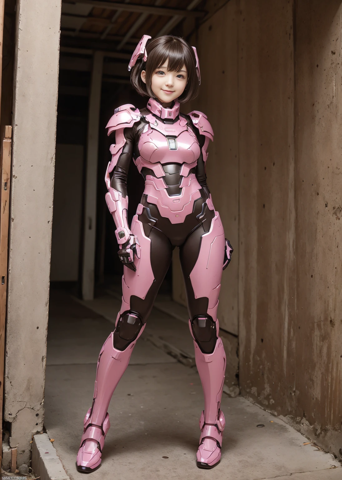 Textured skin, Very detailed, Attention to detail, high quality, 最high quality, High resolution, 1080P, hard disk, beautiful,(Terminator),beautifulサイボーグ女性,pink mecha cyborg girl,Battle Mode,Girl with a mechanical body,She is wearing a weaponized combat cyborg mech,Full Body Shot　bare hands　Boyish short hair　Berry Short　Brown eyes　Black Hair　 girl　Steam coming out of the head　cute　smile