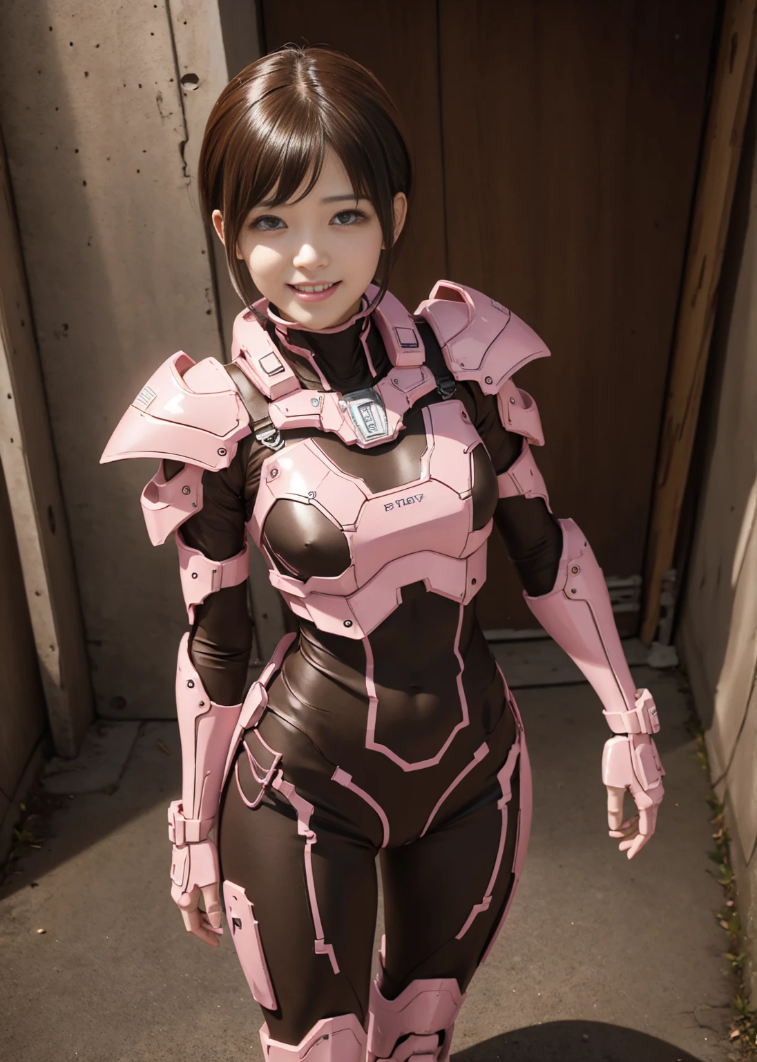 Textured skin, Very detailed, Attention to detail, high quality, 最high quality, High resolution, 1080P, hard disk, beautiful,(Terminator),beautifulサイボーグ女性,pink mecha cyborg girl,Battle Mode,Girl with a mechanical body,She is wearing a weaponized combat cyborg mech,Full Body Shot　bare hands　Boyish short hair　Berry Short　Brown eyes　Black Hair　Kindergarten girl　Steam coming out of the head　cute　smile