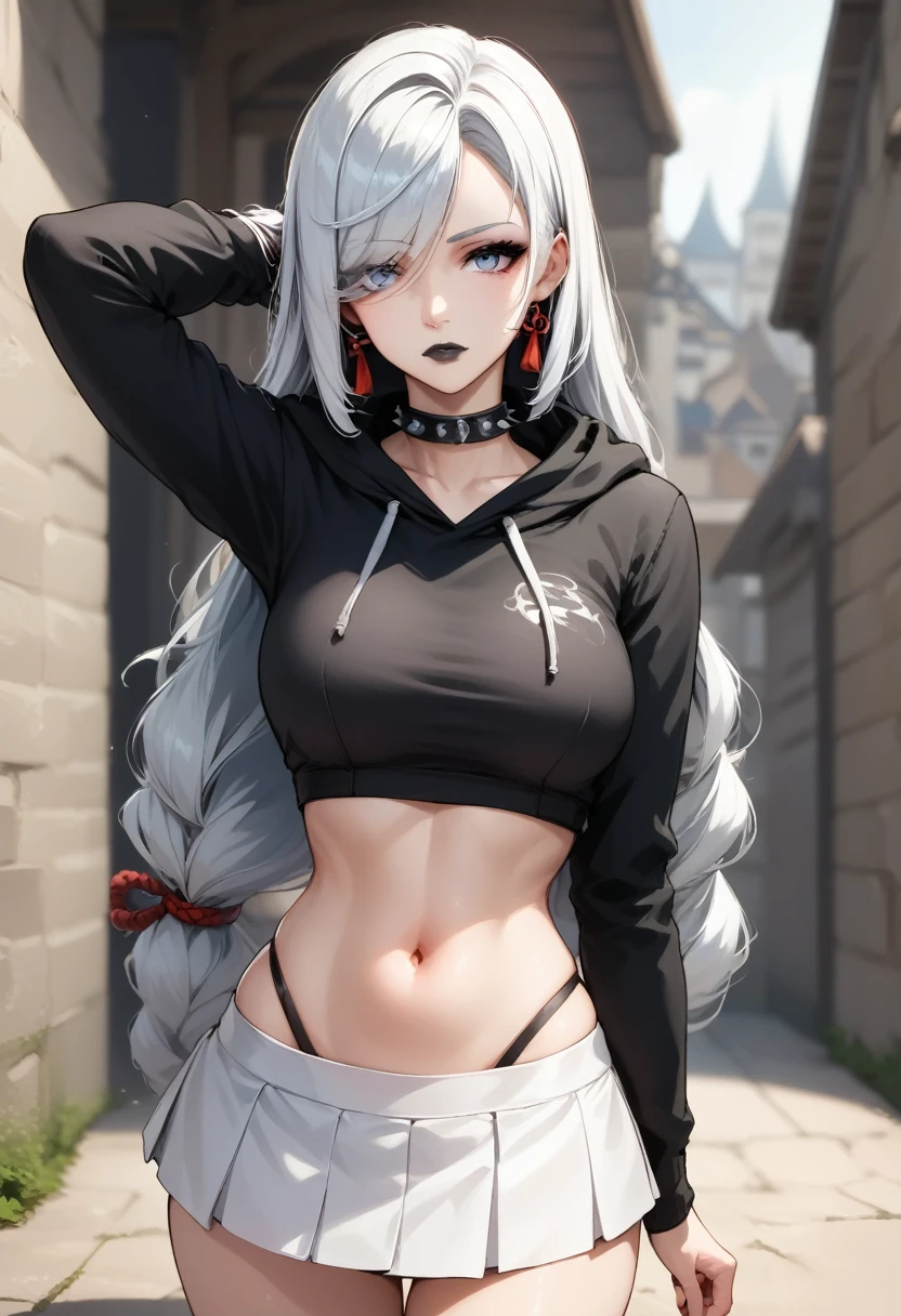(score_9, score_8_up, score_7_up, score_6_up:1.2), (ai-generated:1.2), (Maximize Detail Slider:1.2), (Insanely Detailed:1.2), (easynegativev2:1.2), (source_anime:1.2), (very aesthetic:1.8), (add refined textures:1.8), (enhanced resolution:1.8), (Focus on textures and lighting:1.8), BREAK white hair goth female standing on street posing on castle background, castle background, castle, standing, arm up, outdoor, 1girl, white hair, long hair, white eyes, pale skin, black lips, black eyeshadow, black eyeliner, white skirt, short skirt, microskirt, choker, spiked collar, black hoodie, long sleeves, crop top, navel, serious, emotionless, shy, shenhe from genshin impact, shenhe \(genshin_impact\), beautiful cinematic light, shallow depth of field, photographed on a Hasselblad X1D II 50c, 90mm f/2. 8 cine lens, sharp focus, cinestill 800T, (highly detailed, intricately detailed), HDR, 8k, cinematic film still from [outdoors|castle]