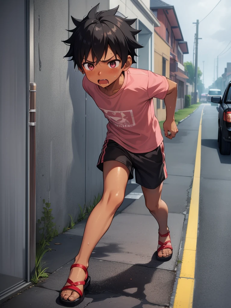 Residential Street,running,Little Boy,Spiked Hair,Black Hair,blush,Red T-shirt,Black shorts,Brown Sandals,Dark Skin,rain,Wet,shy,Blue sandals,Open your mouth,Sweat,fog,panic,