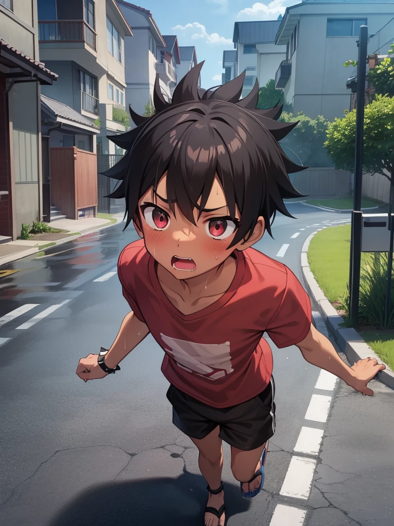 Residential Street,running,Little Boy,Spiked Hair,Black Hair,blush,Red T-shirt,Black shorts,Brown Sandals,Dark Skin,rain,Wet,shy,Blue sandals,Open your mouth,Sweat,fog,panic,