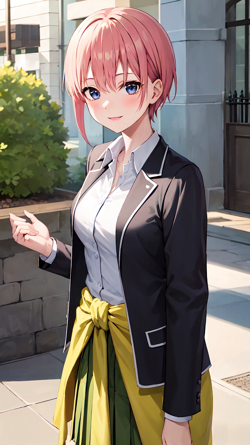 masterpiece, best quality, highres, aaichika, short hair, white shirt, collared shirt, black jacket, blazer, open jacket, long sleeves, clothes around waist, green skirt, pleated skirt, cowboy shot, standing, outdoors, smile,