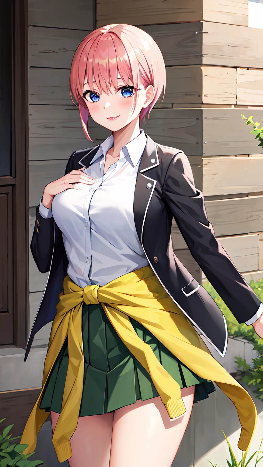 masterpiece, best quality, highres, aaichika, short hair, white shirt, collared shirt, black jacket, blazer, open jacket, long sleeves, clothes around waist, green skirt, pleated skirt, cowboy shot, standing, outdoors, smile,