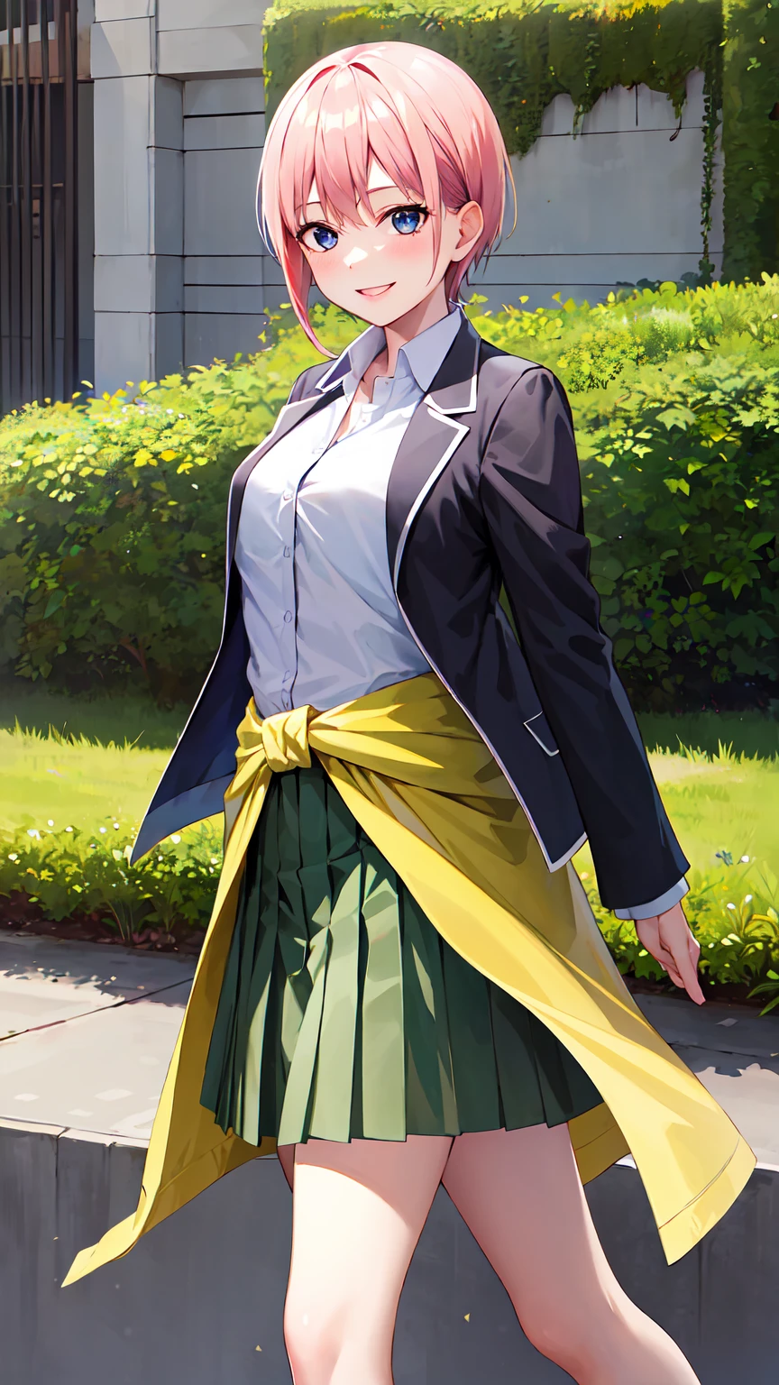 masterpiece, best quality, highres, aaichika, short hair, white shirt, collared shirt, black jacket, blazer, open jacket, long sleeves, clothes around waist, green skirt, pleated skirt, cowboy shot, standing, outdoors, smile,