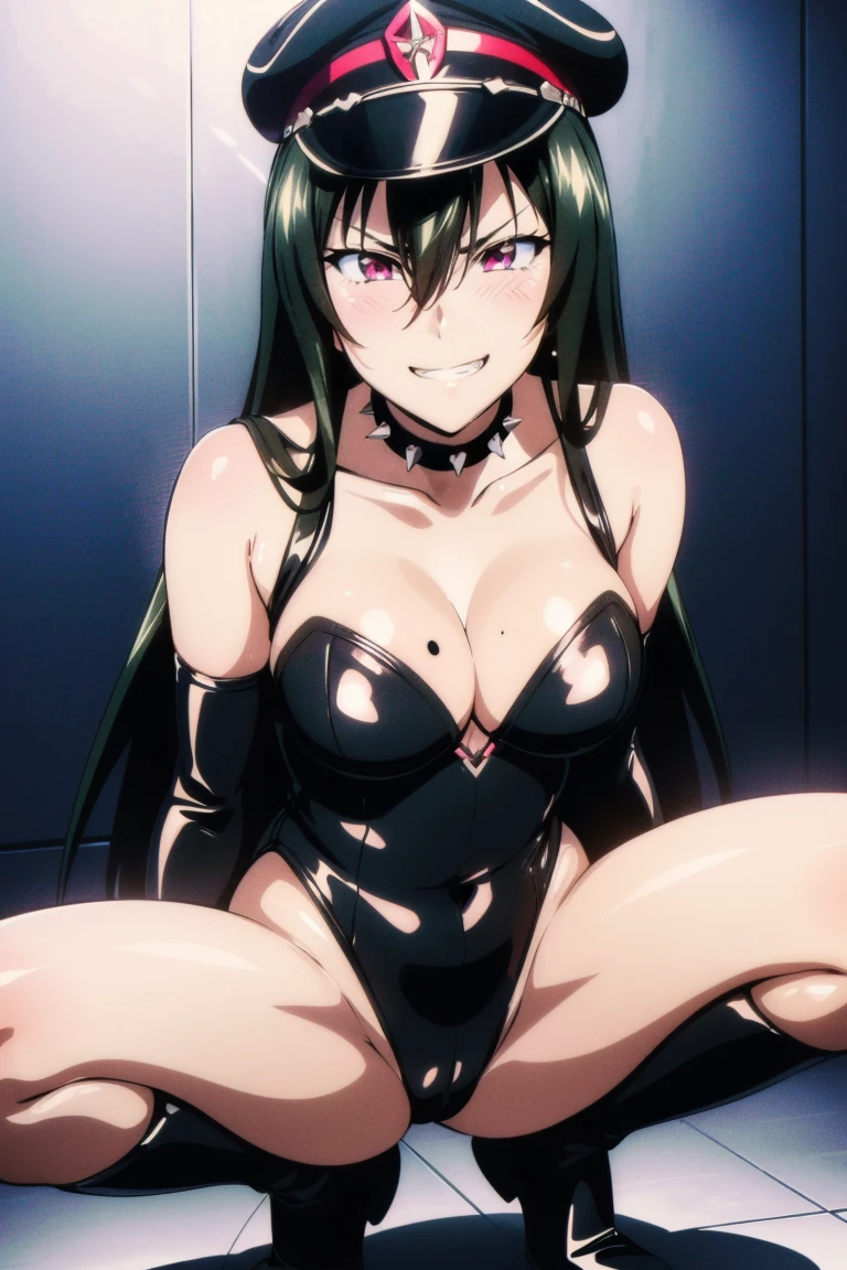 (((grinning lasciviously))), seductive anime girl, (((nefarious smirk))), [[[[grinning evily]]]], beautiful, masterpiece, ultra detailed, extremely detailed, ultra high res, 8k, beautiful detailed face, anime screencap, heart shaped face woman, (black hair:1.2), long hair, hair between eyes, large , fearless face, sharp face,  170cm tall, (((adult))), perfect proportion, (((black high-leg leotard))), (((dare shoulder))), cleavagigh boots))), (((spiked choker))), (((military cap))), anime style, ultra detailed beautiful face and eyes, front view, raw photo, incredibly absurdres, Beautiful portrait of cute anime girls, super fine illustration, full-hd, hdr, best aesthetic, distinct, exquisite, masterwork, by famous artist, highers, (((perfect anatomy))), mocking, (((rape face))), (il grin))), intense eyes, sadistic, gleaming oil skin, slut face, (((full-face blush))), smirking, mischievous grin, furrowed mouth, both legs, pouty lips, downturned corners, rosy hue, grin widely, cheeky smirk, (((bad-tempered glare))), gloating, crazy smile, scary face, cruel smile, fang, connected teeth,, (((elbow gloves))), (((big connected teeth)), glare, grimace, smirk, (((scowling face))), smile broadly, symmetrical eyes, even eyes, perfect eyes, (((squinting eyes))), deep detailed eyes, shiny clothes, 1girl, solo, smug, smile grimly, (((dimpled smile))), pink eyes, (((squatting, open legs, looking at viewer))), (((laugh))), (((pleasure face))), (((brutality face))), (((scary face))), (((empty eyes))), anime best girl, [[[[grinning evily]]]], anime moe artstyle, collarbone, dare collarbone, fair skin, deep detailed eyes, extremely detailed beautiful face and eyes, perfect teeth, perfect mouth, adult face, clear eyes, perfect face, light eyes, symmetrical eyes, even eyes, ,groin, mole under eye, perfect body, 