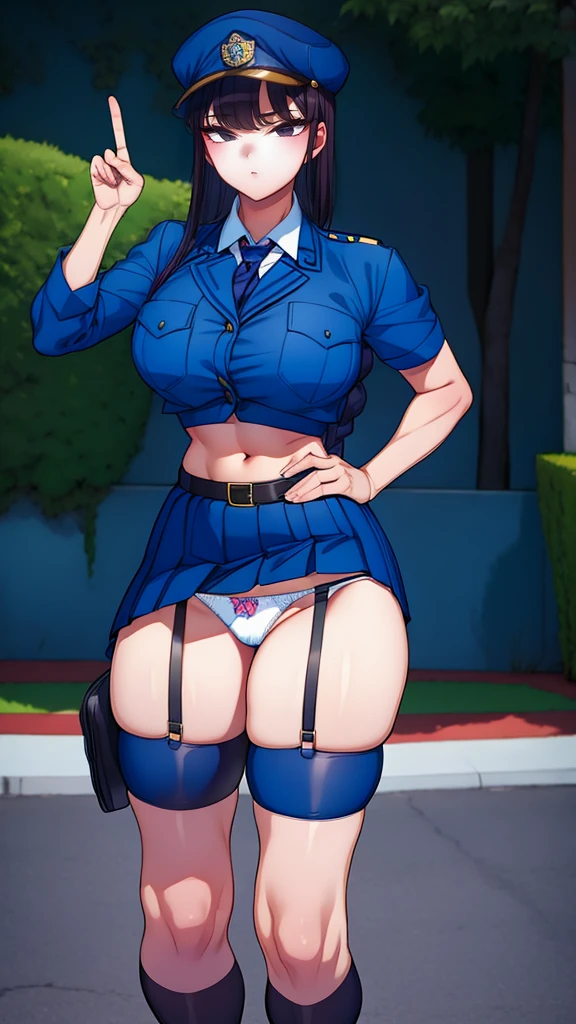 a cartoon character in a sexy suit posing on the street with a bush, police officer, police uniform, 1 girl, police woman, shirt, skirt, hat, tie, police cap, blue eyes, gloves, breasts, purple hair very dark, thighs, solo, navel, garter straps, looking at viewer, short sleeves, large breasts, underwear, miniskirt, midriff, ass visible through thighs, panties, outdoors, indentation, braid, hand in hand hip, belt, black skirt, uniform, collared shirt, frown, thigh highs, peaked cap, crop top, black panties, blue shirt, chest pocket, V-shaped eyebrows, Eiko Tsukimi, blue eyes, purple hair very dark baseball cap