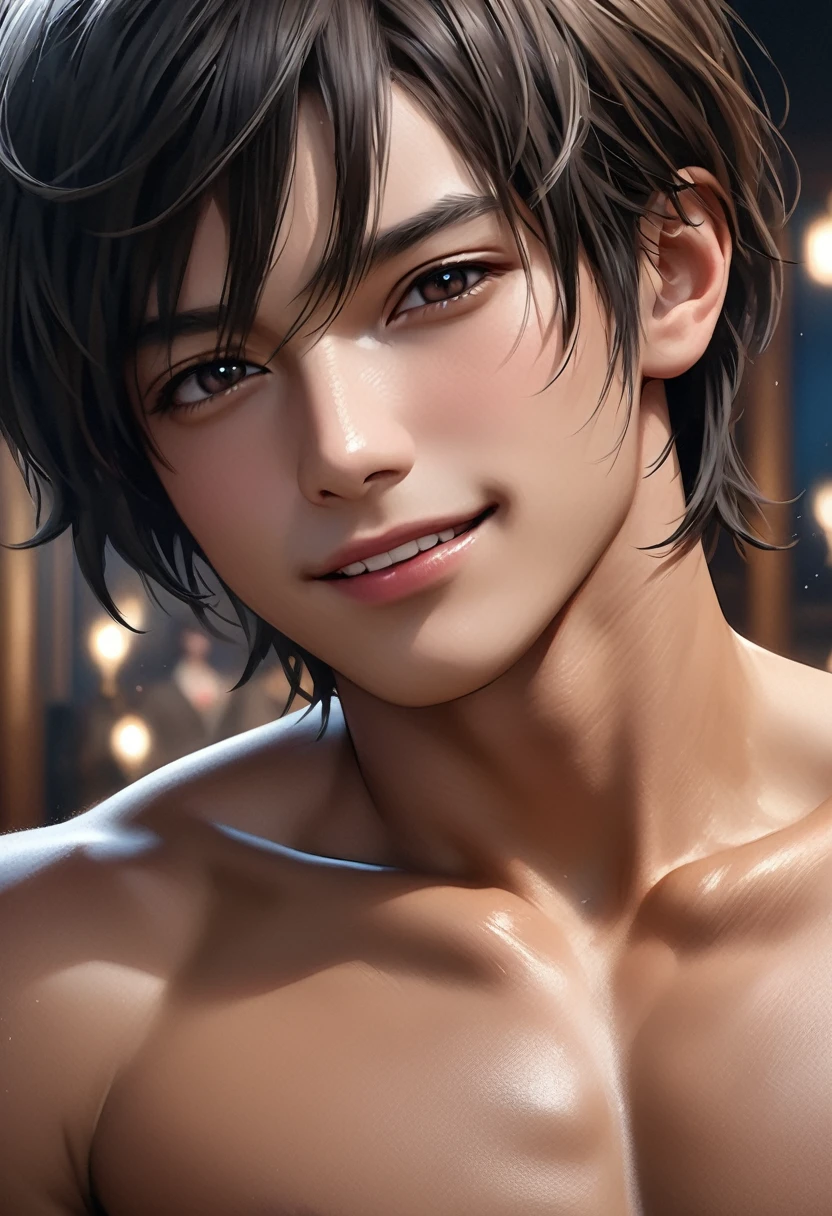 high quality, detailed, Realistic,(2boys:1.5), (17 years old tanned japanese idol boys), (detailed black eyes), (black short hair), (abs), (tanned dark brown skin), night palace bedroom, (black tiny thong), (bulge), (detailed nipples), detailed areola,best quality,4k,8k,highres,masterpiece:1.2),ultra-detailed,(realistic,photorealistic,photo-realistic:1.37), looking at viewer,smirk,face close up, --no watch,