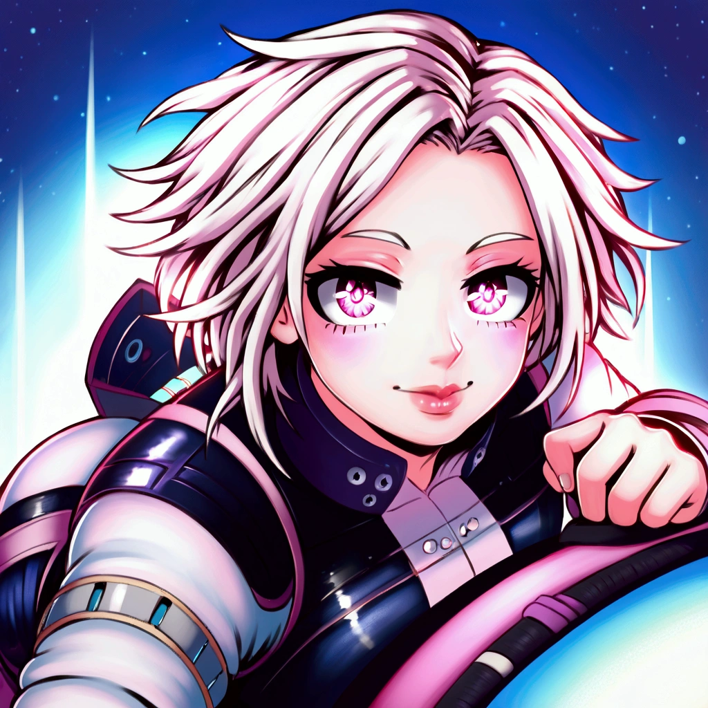 muscular man, futuristic detailed outfit, glowing eyes, pink eyes, white hair, dark background, stars, colorful, my hero academia style, best quality, 4k, 8k, highres, masterpiece:1.2, ultra-detailed, realistic,HDR, UHD, studio lighting, ultra-fine painting, sharp focus, physically-based rendering, extreme detail description, professional, vivid colors, Male, male, Chad