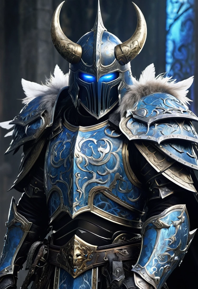 Create a detailed character design for a Nephilim knight, blending elements of celestial heritage and dark, forbidding armor reminiscent of a Death Knight. This character should embody a fusion of divine power and ominous presence. Take inspiration from the Warcraft universe, particularly the character of Arthas, in both his princely and Death Knight forms, and incorporate the gritty, brutal style of Guts from Berserk.
**Character Background:**
- **Name:** Seraphim Arcturus
- **Lineage:** Half-angel, half-human, with a tragic past that led to his fall from grace.
- **Role:** A fallen protector turned dark avenger, bound to both celestial duties and a cursed destiny.
**Physical Appearance:**
- **Height:** 6'6"
- **Build:** Muscular, rugged, and imposing, with the battle-worn look of a seasoned warrior.
- **Eyes:** Glowing with an icy blue light, reminiscent of the Lich King's gaze.
- **Hair:** Long, silver, and flowing, often seen peeking out from beneath his helmet.
- **Wings:** Once pure and angelic, now tattered and darkened with shadowy tendrils.
**Armor:**
- **Design:** Heavy, ornate Death Knight armor with intricate engravings and glowing runes. The armor should combine elements of angelic design (such as feathers or wing motifs) with dark, corrupted aesthetics (like skulls, spikes, and jagged edges). Incorporate the gritty, battle-worn aesthetic of Guts' Berserker armor, with visible dents, scratches, and wear from countless battles.
- **Helmet:** A fearsome helm that covers the entire face, leaving only the glowing blue eyes visible through the slits. It should have a crown-like structure, echoing the fallen royalty theme, and bear signs of battle damage.
- **Chestplate:** Massive and broad, with a central glowing rune and faint traces of angelic sigils that have been corrupted. The armor should show signs of wear, with scratches and dents tha